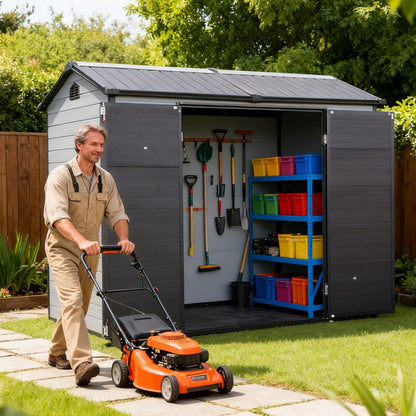 FammyLoft 8x4 FT Resin Storage Shed with Floor, Outdoor Plastic Shed with 2 Windows, 2 Vents and Lockable Door for Backyard Garden Patio Tools, Bike Metal Frame (Black+Grey)