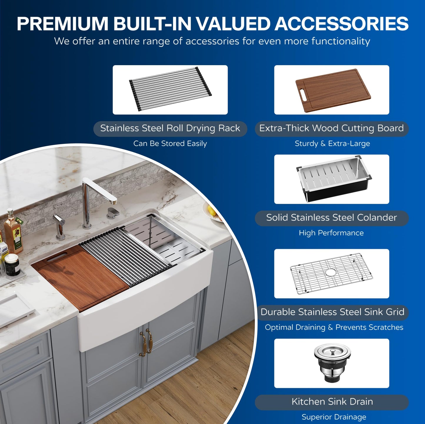 33 White Farmhouse Sink Workstation, Hugsleek Undermount Farm Kitchen Sink 33x21 inch Apron Front White Porcelain Ceramic Fireclay Sinks Ledge Accessories Under Counter Single Bowl Farmer Sinks Basin