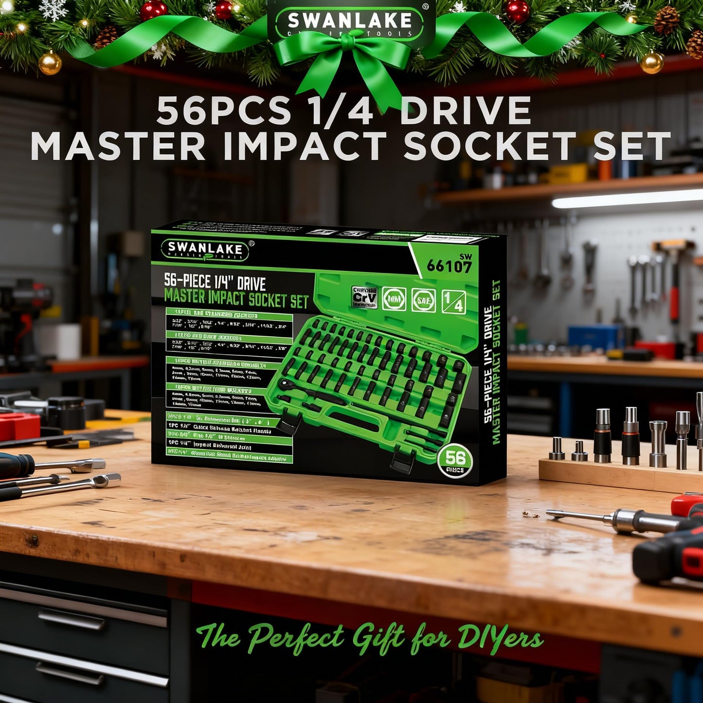 SWANLAKE 1/4" Drive Impact Socket Set, 56-Piece Standard SAE (5/32 to 9/16 inch) and Metric (4-15mm) Size, 6 Point, Cr-V, 1/4-Inch Drive Ratchet Handle, Drive Extension Bar, Impact Universal Joint