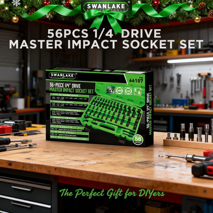 SWANLAKE 1/4" Drive Impact Socket Set, 56-Piece Standard SAE (5/32 to 9/16 inch) and Metric (4-15mm) Size, 6 Point, Cr-V, 1/4-Inch Drive Ratchet Handle, Drive Extension Bar, Impact Universal Joint