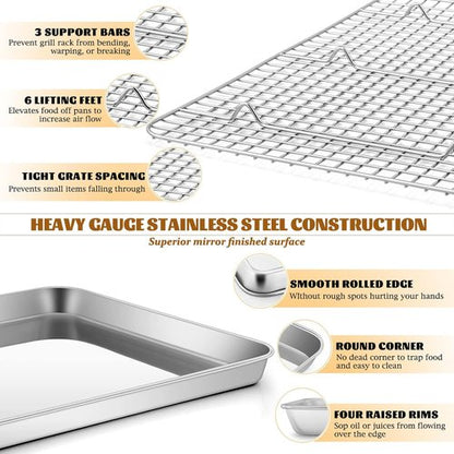 E-far Half Sheet Baking Pan Set - 18”x13” Stainless Steel Cookie Sheet with Cooling Rack | Dishwasher Safe