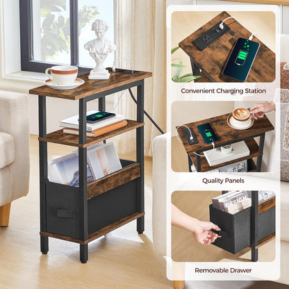 Narrow Side Table with Charging Station - 3 Tier Small End Table for Small Spaces, Rustic Brown