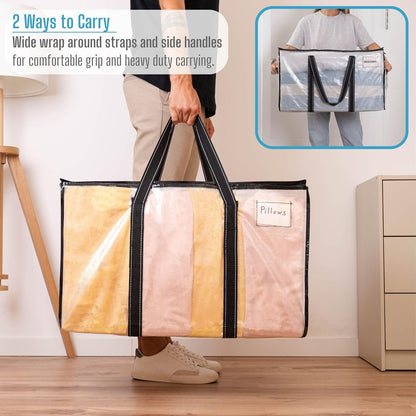 VENO 2 Pack Moving Bags, Heavy Duty Totes with Lids, Extra Large Packing Storage Boxes, Sturdy Handles, Zipper (Clear