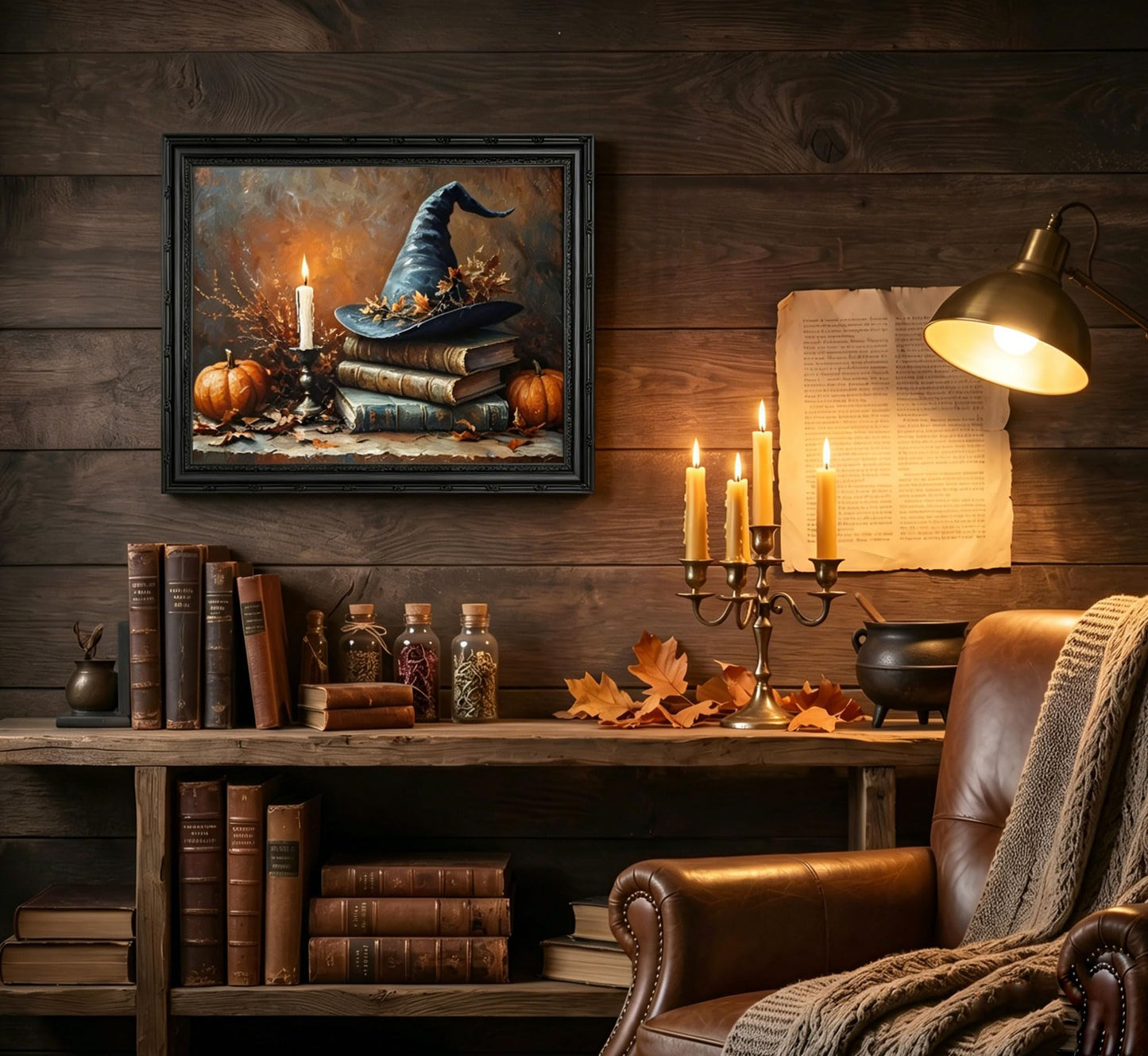 Black Framed Halloween Witch Hat With Book Canvas Wall Art 9X11in