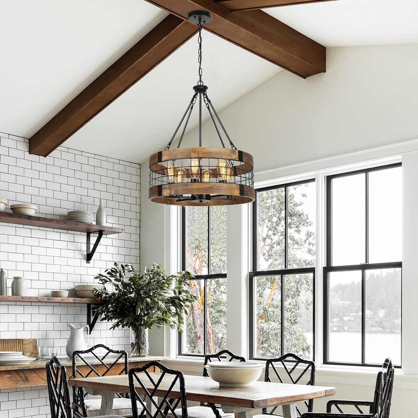 ACNKTZ 6-Light Farmhouse Chandelier for Entryway, Rustic Dining Room Light Fixtures, Industrial Drum Hanging Lighting for Kitchen Island Foyer, Black Wood and Black Metal Finish