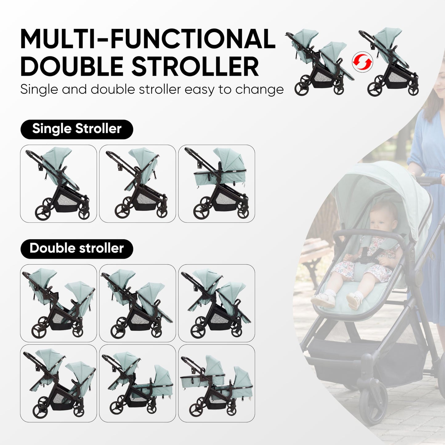 Double Stroller for Twins Infants and Toddlers, Foldable Tandem, Convertible Twin to Single Stroller, Compact Light Weight， Ages 0-3 Years (B0G4LS2W5D)