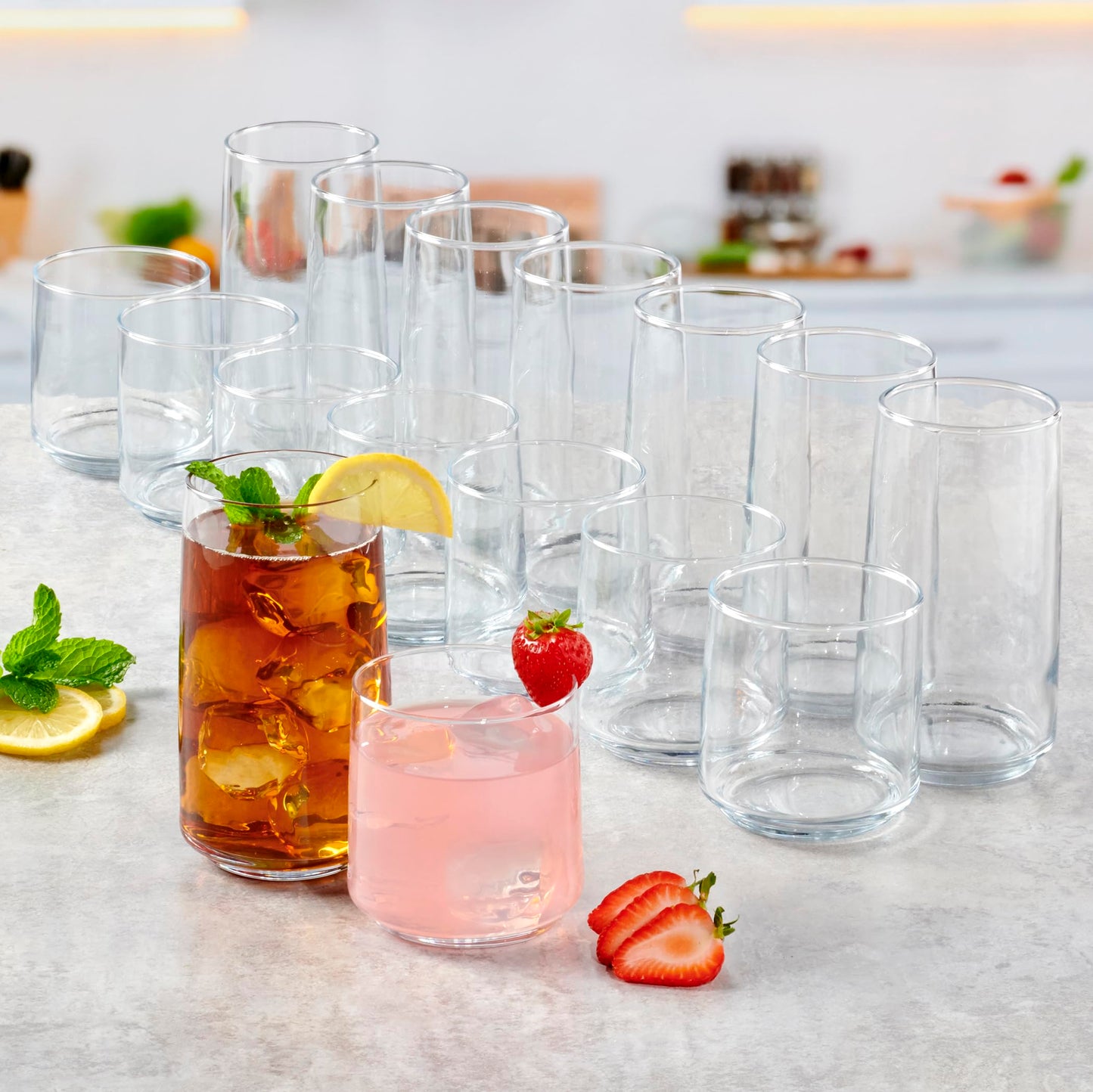 Anchor Hocking Finlandia Drinking Glasses, 16 Piece Set, (8) 12 Ounce, (8) 16 Ounce, Clear Glass
