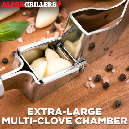 Alpha Grillers Garlic Press Stainless Steel - Easy to Clean, Rust-Proof, Dishwasher Safe - Stainless Steel Garlic Press, Mincer, Crusher with Silicone Peeler & Cleaning Brush
