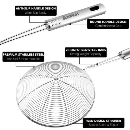 Anaeat Stainless Steel Spider Skimmer, Set of 3 Professional Kitchen Pasta Strainer Spoon with Long Handle - Asian Strainer Ladle Wire Skimmer Spoons for Cooking and Frying (4.5"+5.3"+6.1")