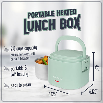 Nostalgia Portable Heated Lunch Box – 2.5-Cup Stainless Steel Food Warmer – Detachable Cord, Leak-Proof Lid, Carry Handle – Portable for Work & Travel – Sage