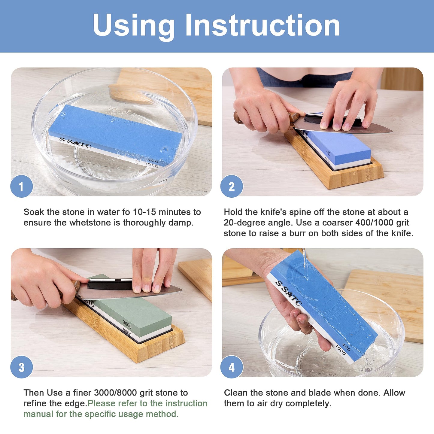 S SATC Knife Sharpening Stone Whetstone 4 Side Grit 400/1000 3000/8000 Stone Knife Sharpeners with Nonslip Rubber Bases, Wood Base, Flattening Stone, and Leather Strop