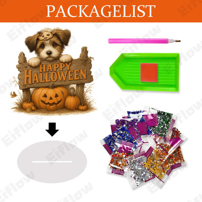 Eiflow Desktop Diamond Art Kit for Adults Happy Halloween, DIY Tabletop Diamond Art Painting with Stand, Acrylic Stand Up Gem Painting Board Kit(Dog and Pumpkin)