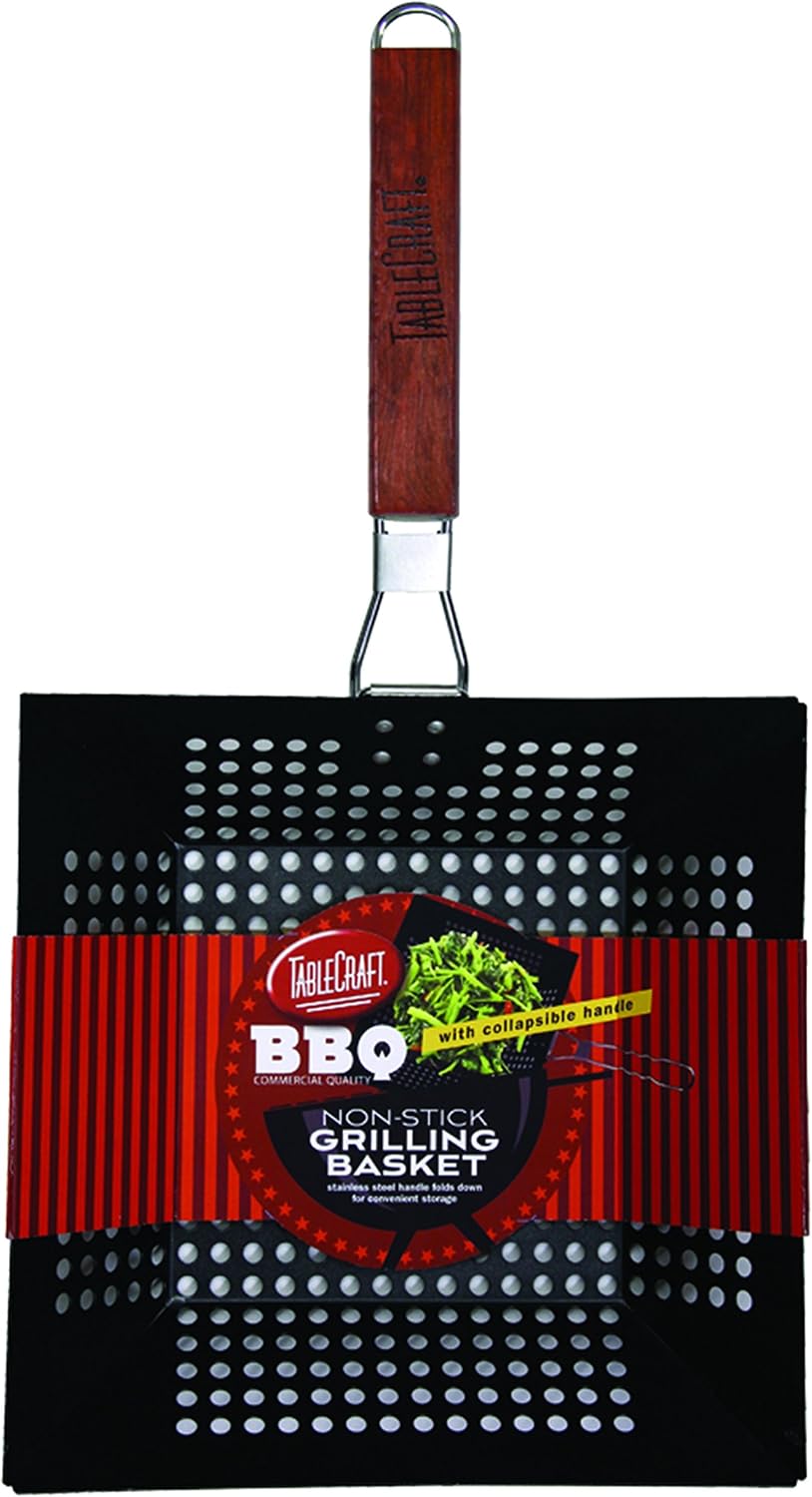 TableCraft BBQ Nonstick 21-Inch Square Grilling Basket with Wood Handle, Black