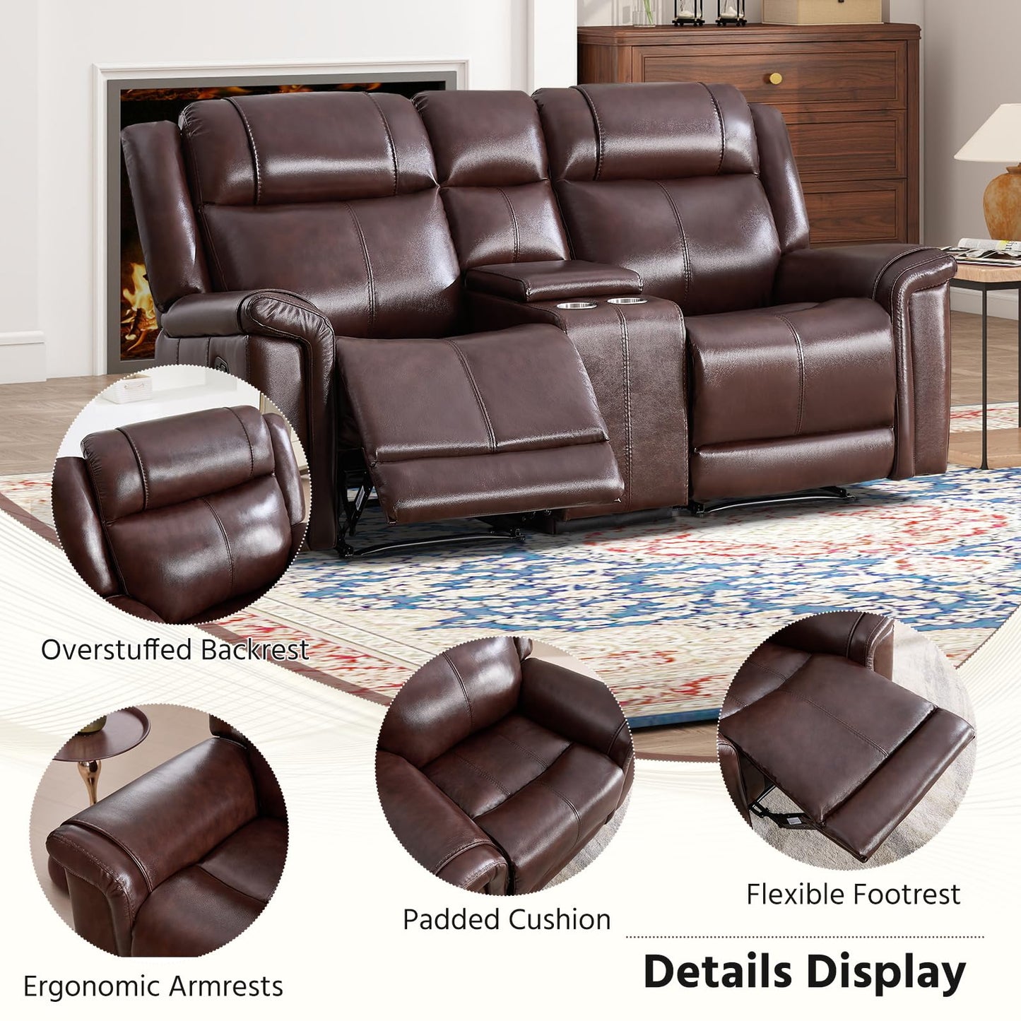 ANJ Premium Genuine Manual Reclining Sofa Set with Overstuffed Backrest, Included Single Recliner Chair and Loveseat 2-Seater Couch with Storage Console, 2-Piece Living Room Furniture Set, Rust Brown