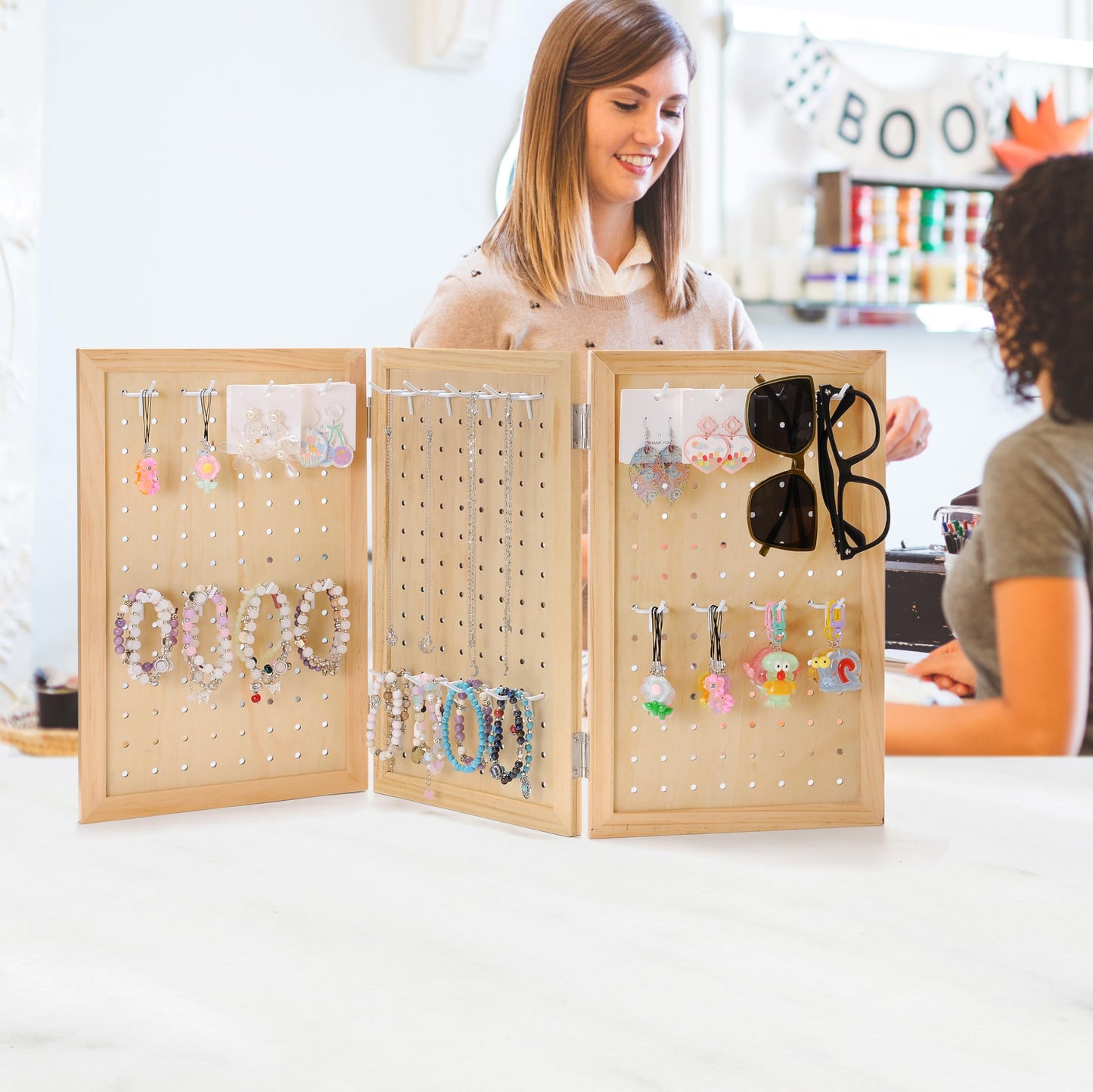 humberboat Wooden Foldable and Portable 3-Panel Pegboard Jewelry Display Organizer with 24 Removable White Metal Hooks for Bracelets, Earrings and Keychains, Versatile Countertop Rack for Store