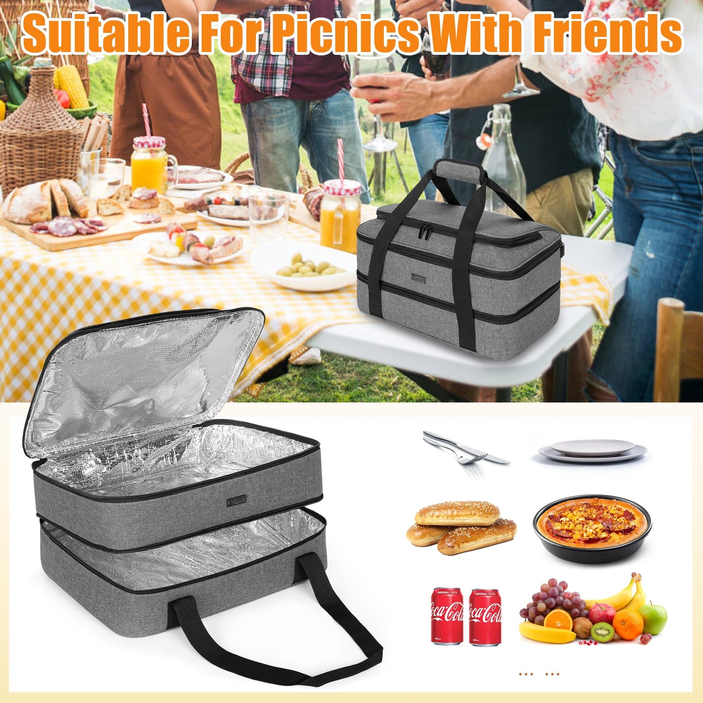 Trunab Casserole Carrier for Hot or Cold Food Insulated Casserole Dish Carrier Thermal Tote Bag for Picnic, Fits 9"×13" Baking Dish, 11 x 15 Foil Pans, Grey
