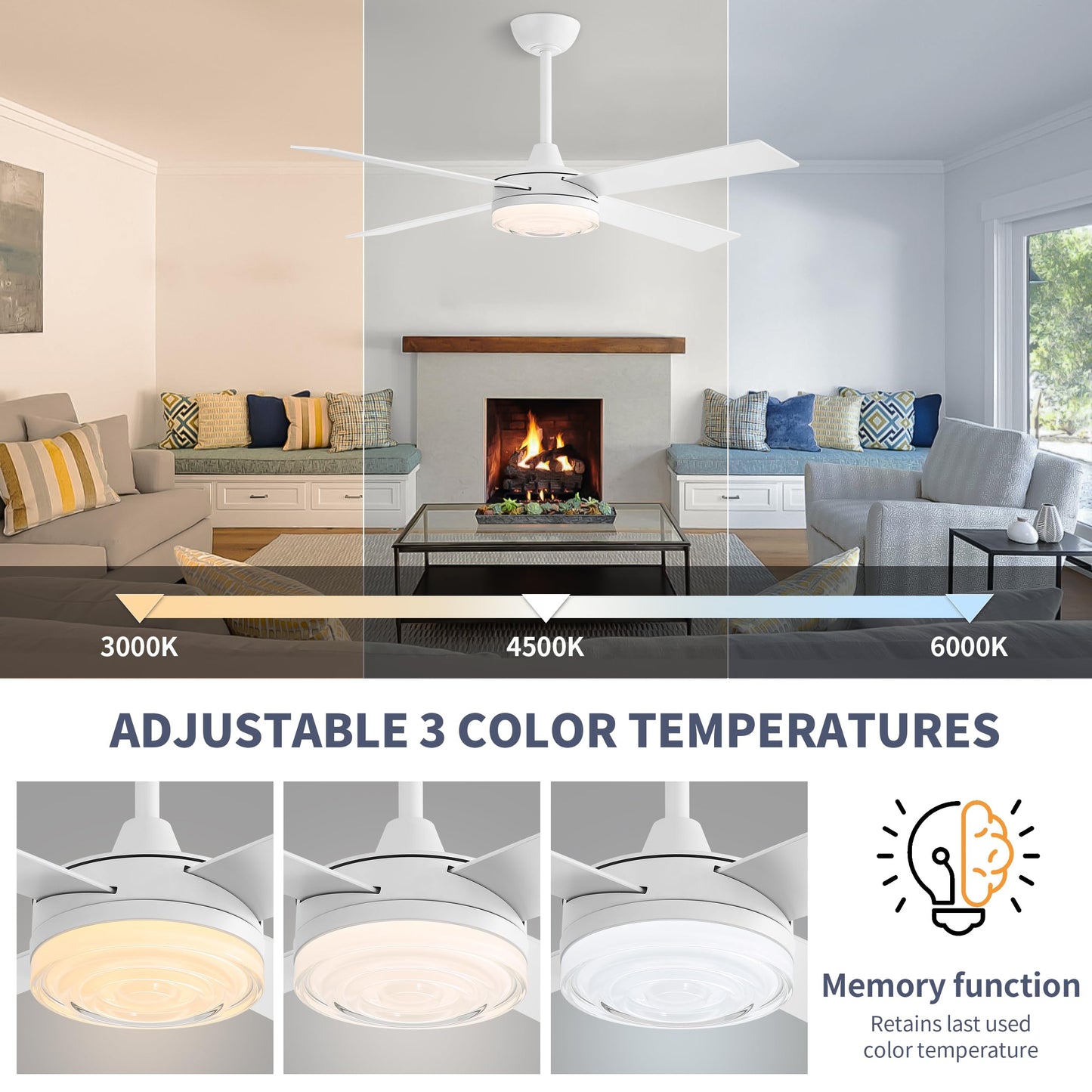 WINGBO 52 Inch Ceiling Fan with Lights and Remote, 3CCT, Modern Ceiling Fan with Ripple Glass Shade, 6-Speed Reversible DC Motor for Bedroom Living Room Kitchen Hallway, Gloss White