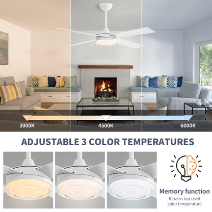 WINGBO 52 Inch Ceiling Fan with Lights and Remote, 3CCT, Modern Ceiling Fan with Ripple Glass Shade, 6-Speed Reversible DC Motor for Bedroom Living Room Kitchen Hallway, Gloss White