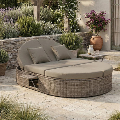 SoarFlash Outdoor Sun Bed Patio 2-Person Daybed, Rattan Sun Day Sofa Bed Reclining Lounger with Adjustable Backrests, Foldable Cup Trays for Lawn Poolside Deck Backyard (Grey)
