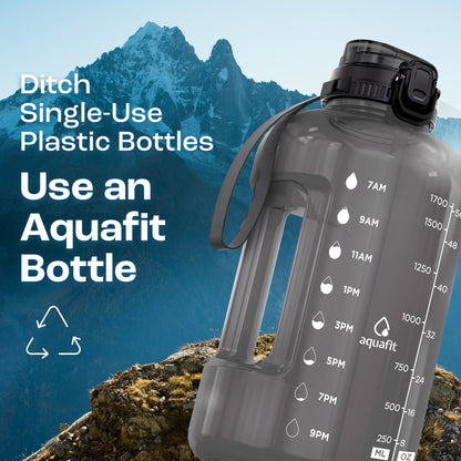 AQUAFIT Half Gallon Water Bottle with Time Marker - Straw & Chug Lid - BPA Free Gym Water Bottle with Straw - Big Gallon Jug (Gray, 64 oz - 2in1 Lid)