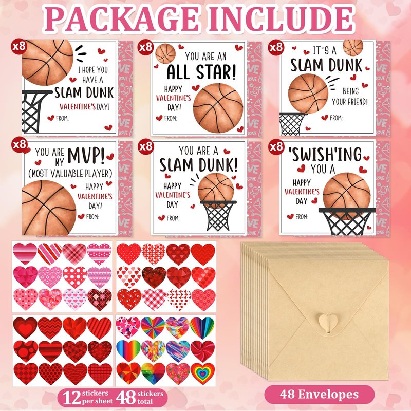 Hedeey 48 Pack Valentines Day Cards for Kids Classroom Basketball Valentine's Day Exchange Greeting Cards with Envelopes and Heart Stickers for Kids Classroom School Party Favors 4.3 * 4.3 inch