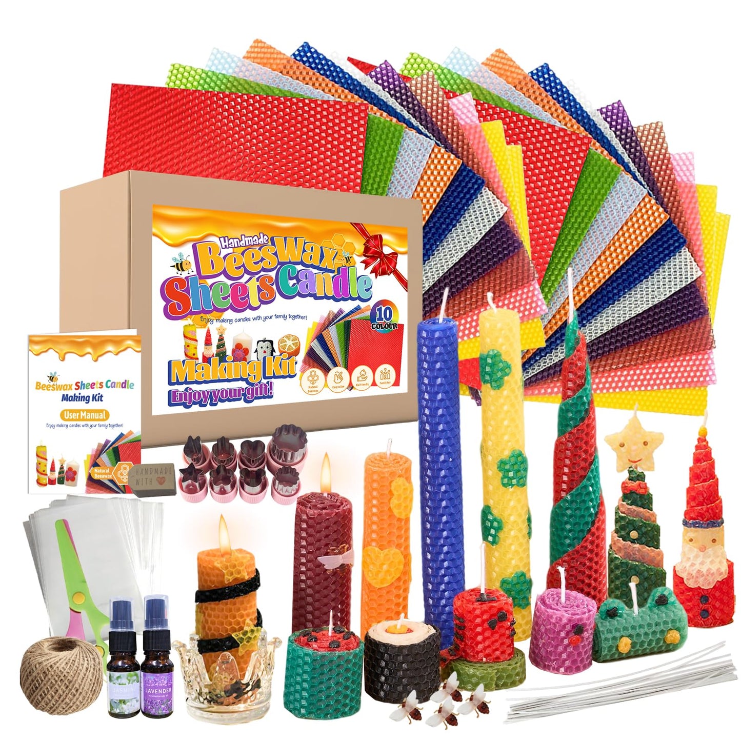 Beeswax Candle Making Kit for Adults & Kids 100% Pure Beeswax Sheet Candle Making Supplies with 20 Colorful Sheets, 8 Press-Out Molds, Glass Candle Holders & Complete Gift Supplies Creative DIY Craft