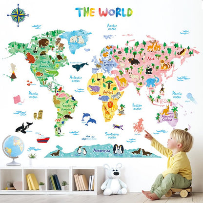 DECOWALL SG2-1615S Animal World Map Kids Wall Decals Wall Stickers Peel and Stick Removable Wall Stickers for Kids Nursery Bedroom Living Room (Large)