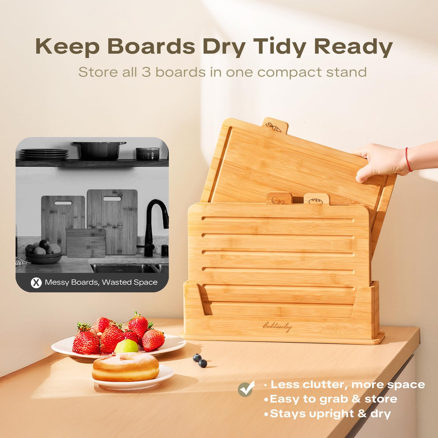 Coktaseleg Bamboo Cutting Boards for Kitchen Set of 3, Large 14’’ x 10’’ with Holder, Wooden Cutting Board with Juice Groove & Labels for Meat Vegetables Bread