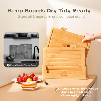 Coktaseleg Bamboo Cutting Boards for Kitchen Set of 3, Large 14’’ x 10’’ with Holder, Wooden Cutting Board with Juice Groove & Labels for Meat Vegetables Bread