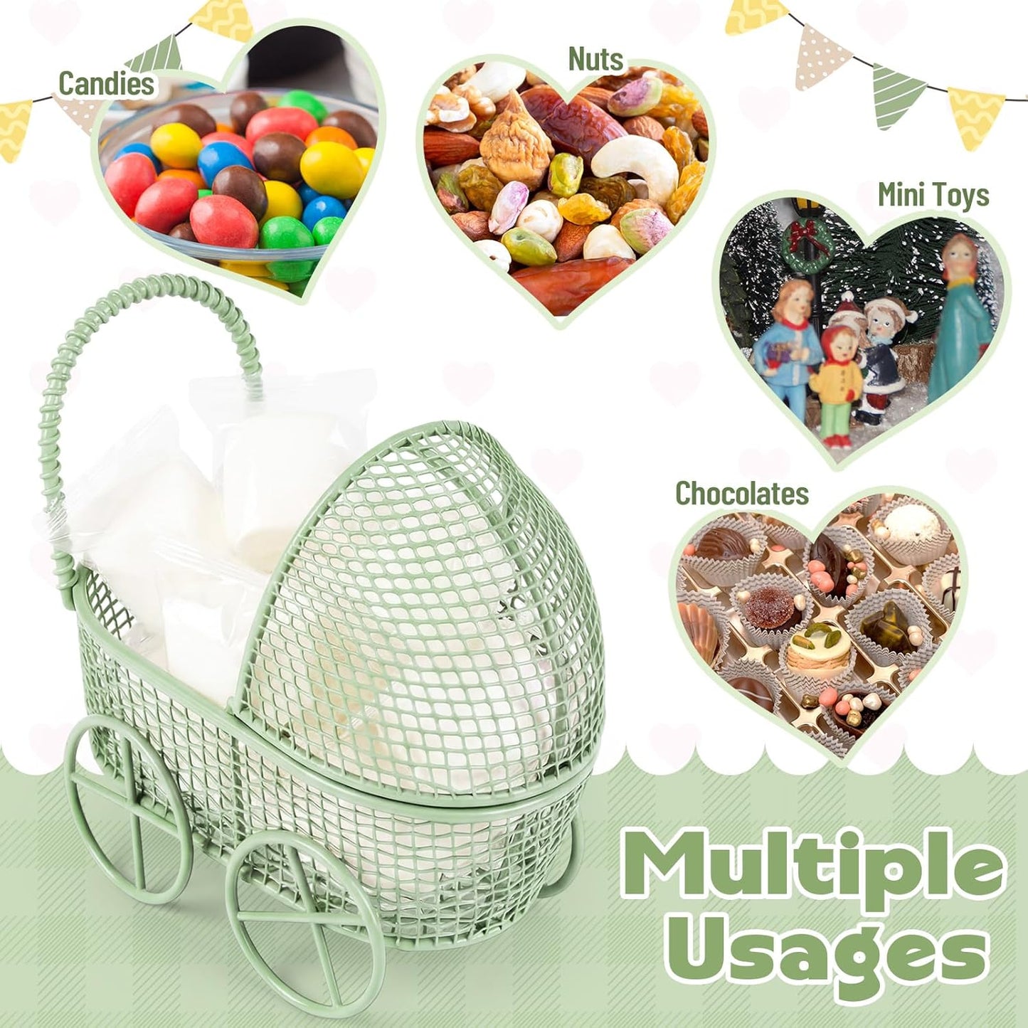 Threehoney 12 Pcs Baby Shower Mini Carriage Decoration Greenery Color Metal Wired Fillable Candy Stroller Baby Shower