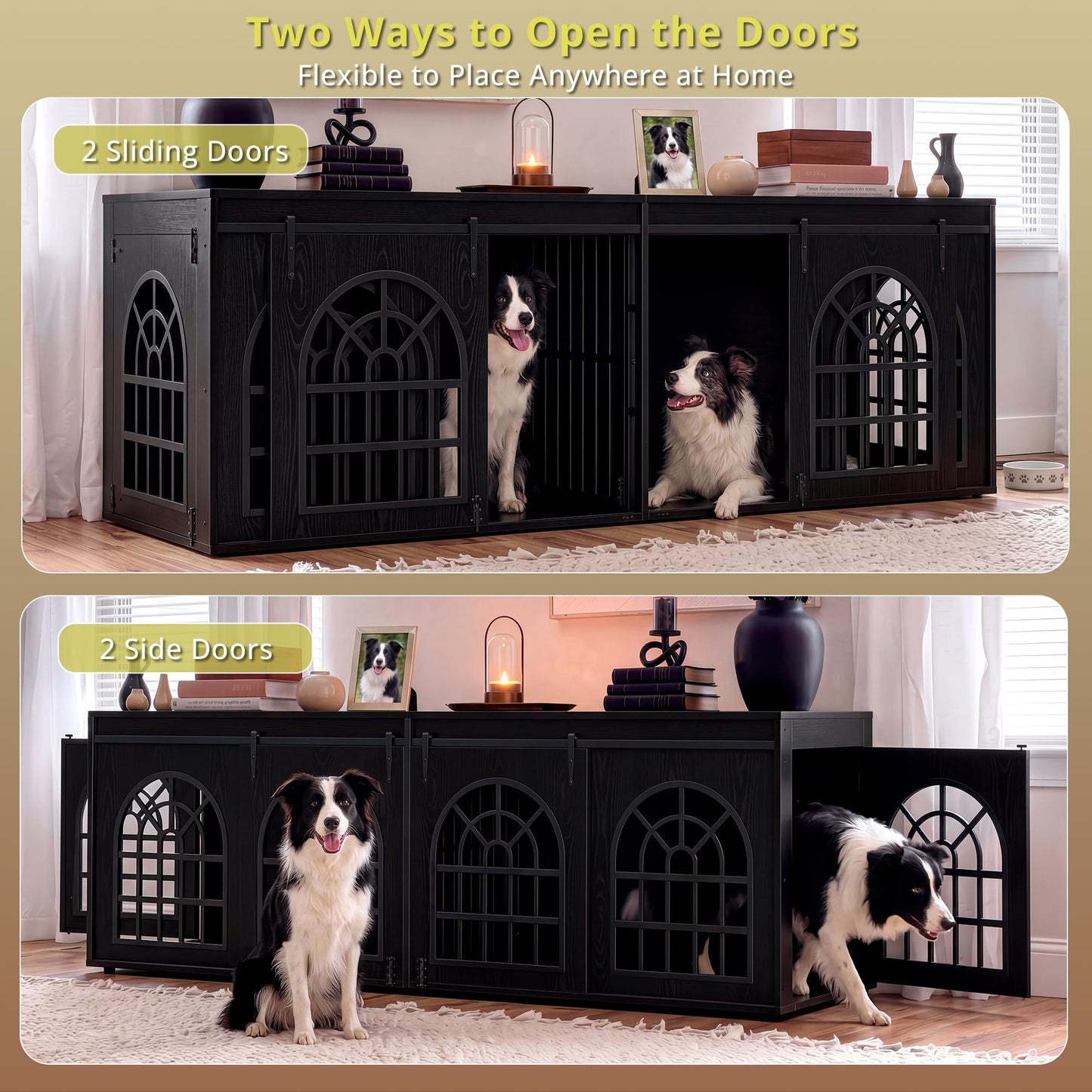 IRONCK 90.2" Double Room Dog Crate Furniture with Sliding Doors– Heavy Duty Wooden Dog Kennel with Hinged Divider, TV Stand & End Table for Large to Medium Dogs, Black