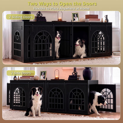 IRONCK 90.2" Double Room Dog Crate Furniture with Sliding Doors– Heavy Duty Wooden Dog Kennel with Hinged Divider, TV Stand & End Table for Large to Medium Dogs, Black