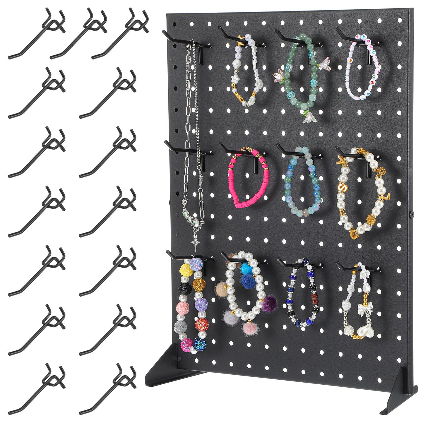 Xaajooio Metal Pegboard Display Stand with 15 Hooks 17x13 Inch Black Tabletop Retail Ornament Display Rack for Jewelry, Accessories, Keychains, Craft Shows, Vendors, Boutiques, and Events