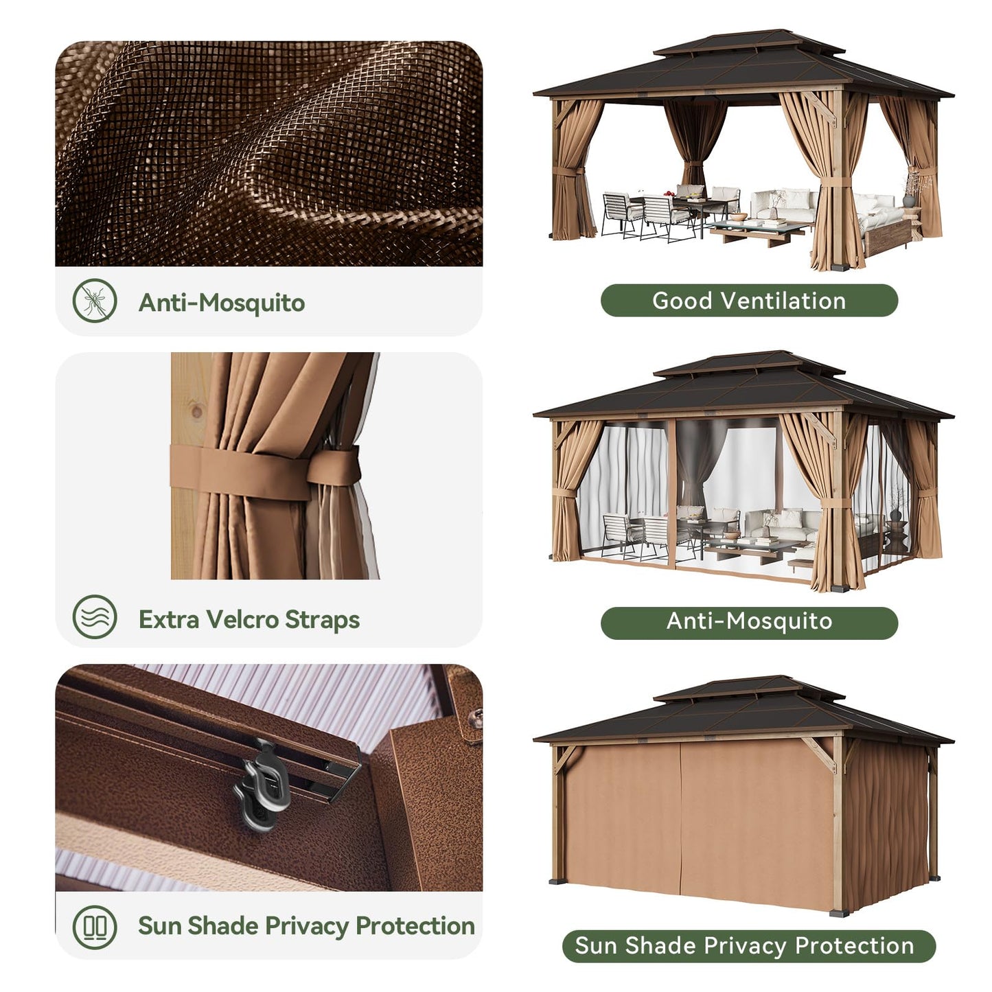 Aoxun 12' x 16' Outdoor Wood Gazebo with Double Polycarbonate Top, Hardtop Gazebo Permanent Wooden Pavilion with Breathable Netting and Privacy Curtain for Patio, Garden, Deck, Cedar Wood, Natural