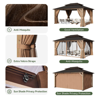 Aoxun 12' x 16' Outdoor Wood Gazebo with Double Polycarbonate Top, Hardtop Gazebo Permanent Wooden Pavilion with Breathable Netting and Privacy Curtain for Patio, Garden, Deck, Cedar Wood, Natural