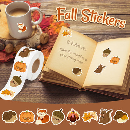 Kirako 600Pcs Fall Stickers Roll of 8 Cute Pumpkin Maple Leaves Animals Self Adhesive Labels Decals Seasonal Harvest Envelope Seals Scrapbooking DIY Crafts Decor Thanksgiving Autumn Party Favors Gift