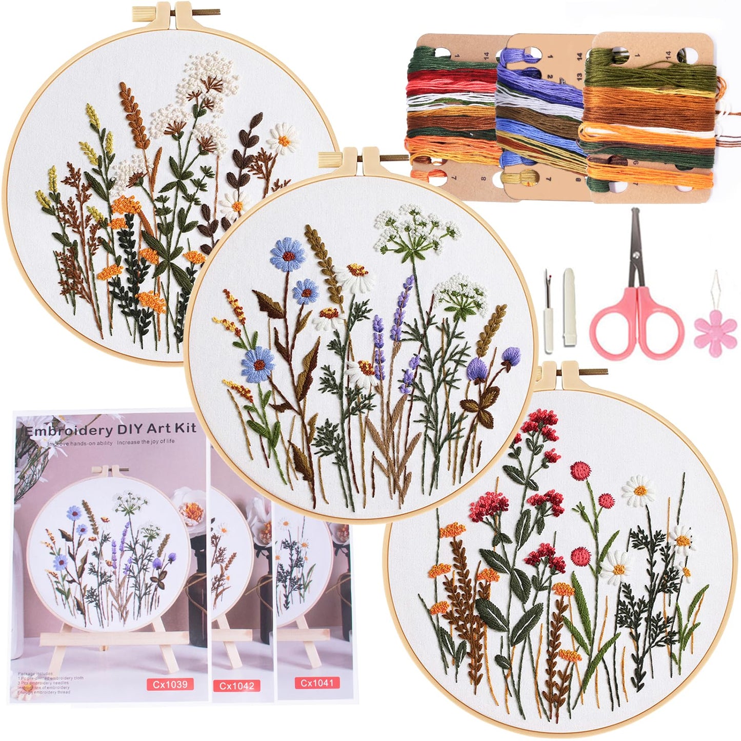 COCOMOX 3 Sets Embroidery Practice Kits, Flower Pattern Embroidery Kit for Beginners Adults, Hand Embroidery Kit, Easy to Follow Instruction and Video