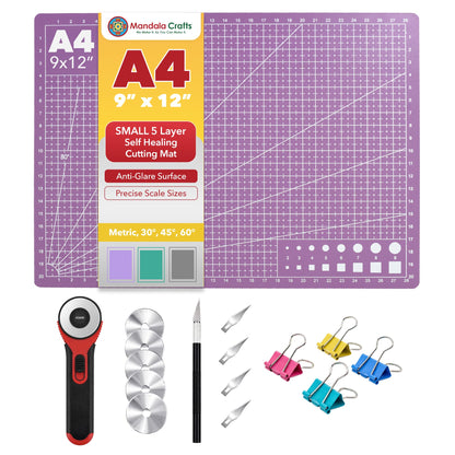 Mandala Crafts Self-Healing Cutting Mat Set – 9" x 12" A4 Purple Pink Double-Sided 5-Ply Mat with Fabric Cutter, Quilt Ruler & Craft Knife for Sewing, Quilting, Leather & Scrapbooking