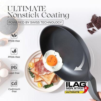 PRICUSIS 5Pcs Nonstick Frying Pan Set, 8+10+12 Inch Induction Compatible Skillet with Stay Cool Handle, Fully Coated, 100% Dishwasher Safe, PFOA Free (Black Sesame)
