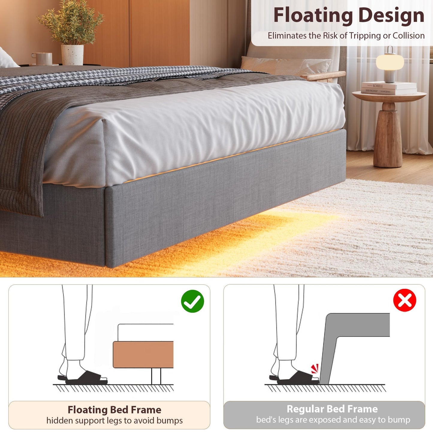 GAOMON Floating King Size Bed Frame with Upholstered Storage Headboard, Platform Bed Frame with LED Lights & Charging Station, Wood Slats Support, No Box Spring Needed, Grey