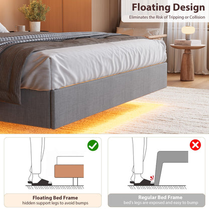 GAOMON Floating King Size Bed Frame with Upholstered Storage Headboard, Platform Bed Frame with LED Lights & Charging Station, Wood Slats Support, No Box Spring Needed, Grey