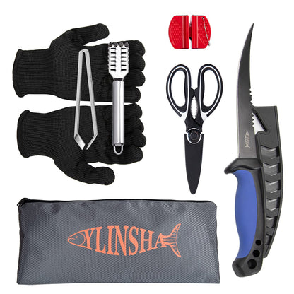 YLINSHA Fishing Knife, Fish Cleaning Kit 7 PC Set with Fish Knife, Fish Scale Cleaning Brush, Multi-Functional Scissors, Anti-Cutting Gloves, Fishbone Tweezers, Storage Bag