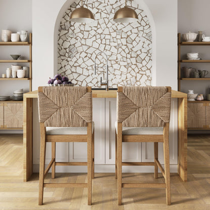 Nathan James Beacon Bohemian Boucle Bar Stool, Upholstered Counter Height Chair with Solid Wood Frame and Woven Seagrass Back for Kitchen Island, Light Brown/Seagrass/Cream Boucle, Set of 2