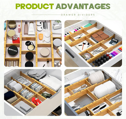 Bamboo Drawer Dividers 4PCS with Inserts, Expandable Kitchen Utensil Drawer Organizers,Adjustable drawer organizer for deep drawers Dresser Closet Underwear Storage Bedroom Bathroom Drawers(16.6"-22")