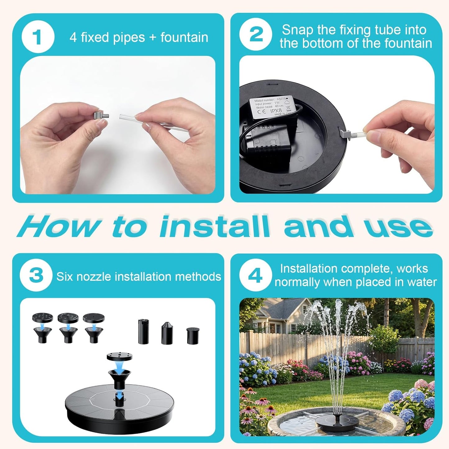 AMZtime Solar Fountain - Mini Solar Powered Water Pump for Bird Bath, Garden, Pond & Pool