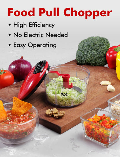 GDL Food Chopper, Pull Onion Chopper Dicer, Hand Powered Food Mincer, Fast Cutting Hand Chopper for Oinon, Garlic, Nut, 3.4 Cups 0.8L, Red