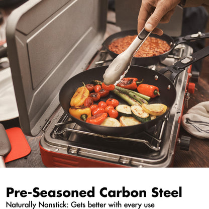 OXO Outdoor 8 Piece Camping Cookware Set, 10" Pre-Seasoned Carbon Steel Frying Pan Skillet, 2.25QT and 5QT Stainless Steel Saucepans with Lids, Removeable Handle, Trivet, Travel Bag, Space-Saving