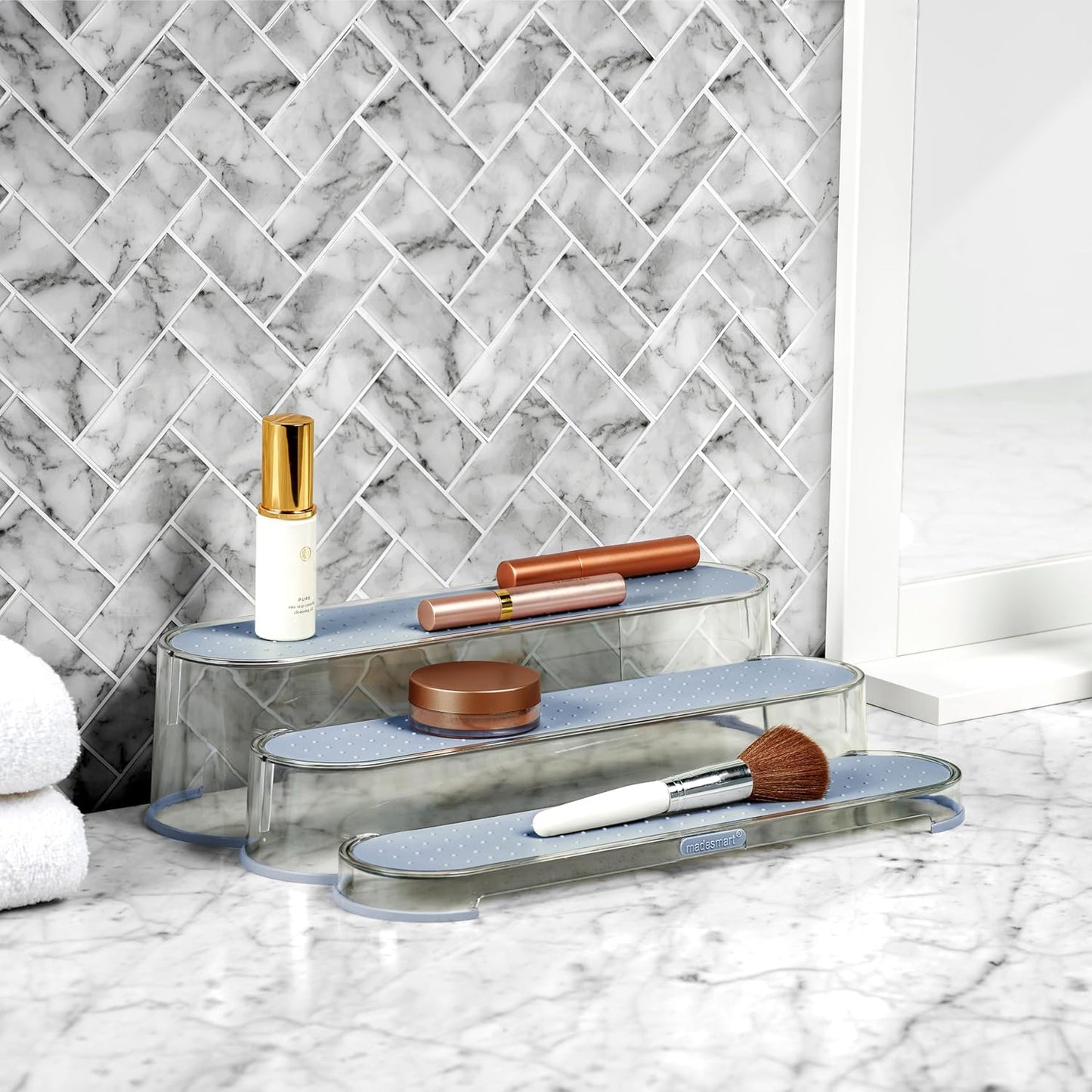 madesmart Clear Shelf Organizer - Lt. Grey, 3-Tier Cabinet or Countertop Organizer, Soft-Grip Lining and Non-slip Feet,