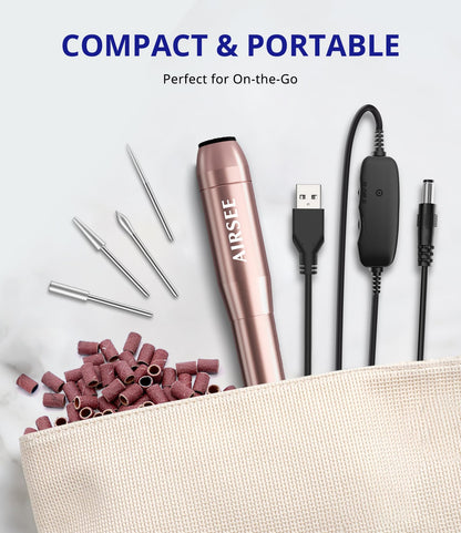 AIRSEE Home Lite USB Mobile Nail Drill Machine for Beginners Portable Nail File Manicure Pedicure Dremel Kit with 6 Bits 26 Sanding Bands for Home Acrylic Gel Nails Polishing DIY,Purple