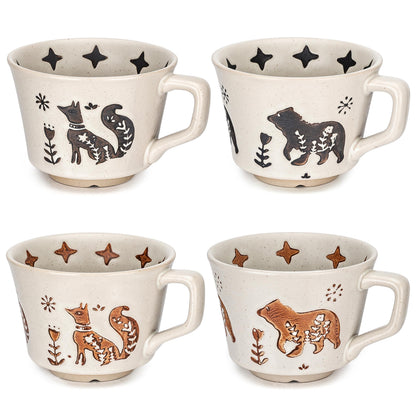 LINVIA Ceramic Coffee Mug, 11 oz Small Novelty Unique Teacup with Handle, Stoneware Cup for Tea Mocha Latte Cappuccino (Set of 4, Fox and Bear)